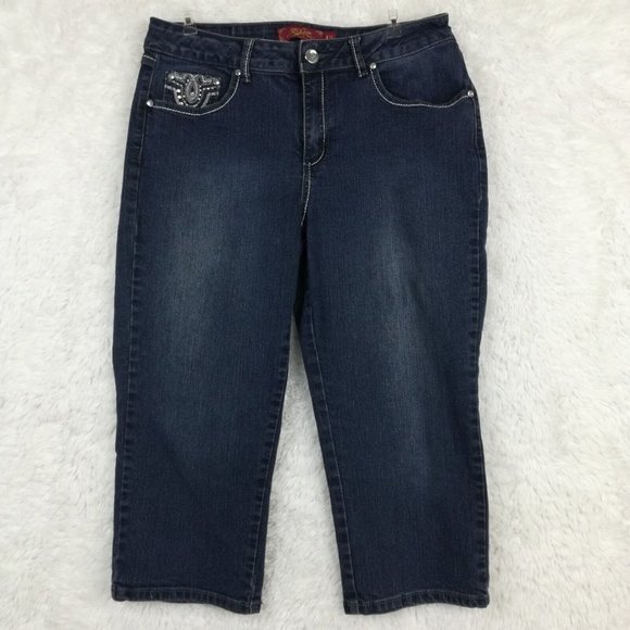 One5one Womens Jeans Capri Blue Denim Dark Wash Embroidered‎ Jeweled 12 - Picture 1 of 12